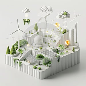 A creative representation of renewable energy and sustainability, featuring solar panels, wind turbines, and greenery in