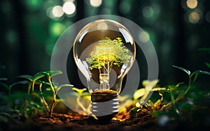 Tree Growing in a Light Bulb Held by Hand for Eco Innovation