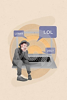 Creative retro 3d collage image of stressed depressed guy getting bullying comments modern gadget isolated painting