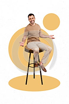 Creative retro 3d magazine collage of cheerful guy have free time break sitting bar chair talking friends working