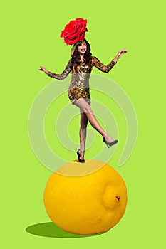 Creative retro 3d magazine collage of funny girl standing huge citrus wear dress flower head isolated green color