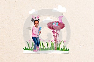 Creative retro 3d magazine collage image of funny smiling little child finding nest easter eggs inside isolated painting
