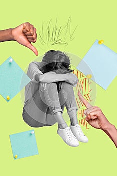 Creative retro 3d magazine collage image of stressed depressed lady crying getting dislikes  green color