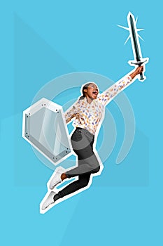 Creative retro 3d magazine image of funny funky lady jumping high rising sword isolated painting background