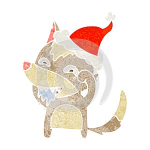 A creative retro cartoon of a hungry wolf wearing santa hat