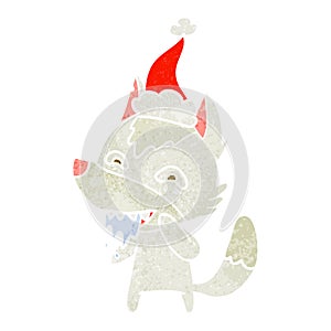 A creative retro cartoon of a hungry wolf wearing santa hat