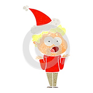 A creative retro cartoon of a man gasping in surprise wearing santa hat