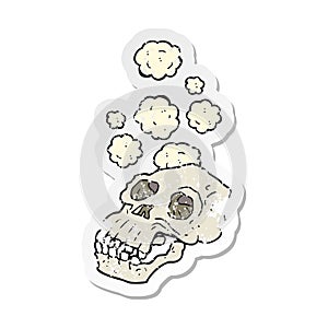 A creative retro distressed sticker of a cartoon ancient skull