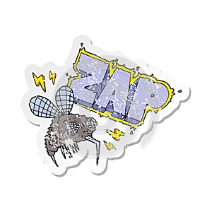A creative retro distressed sticker of a cartoon fly zapped