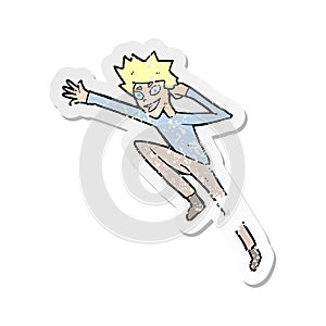 A creative retro distressed sticker of a cartoon jumping man