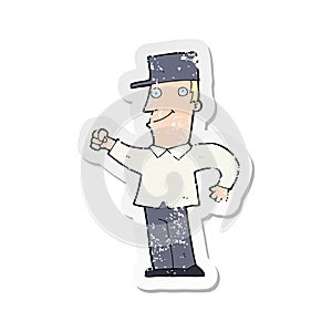 A creative retro distressed sticker of a cartoon man punching air