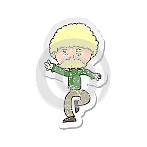 A creative retro distressed sticker of a cartoon mustache man disco dancing