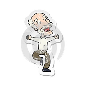 A creative retro distressed sticker of a cartoon old man having a fright