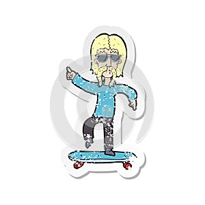 A creative retro distressed sticker of a cartoon old skater
