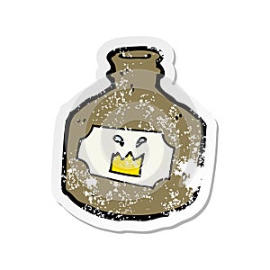 A creative retro distressed sticker of a cartoon old whiskey bottle