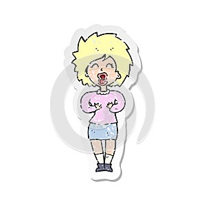 A creative retro distressed sticker of a cartoon screaming woman