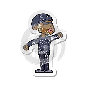 A creative retro distressed sticker of a cartoon security guy