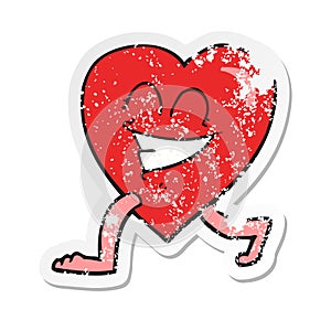 A creative retro distressed sticker of a cartoon walking heart
