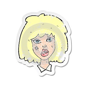 A creative retro distressed sticker of a cartoon woman with bruised face