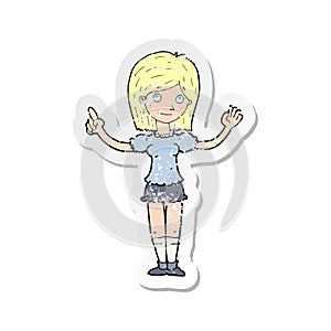 A creative retro distressed sticker of a cartoon woman explaining idea