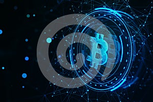 Creative round futuristic bitcoin sign on dark polygonal background. Crypto, online banking, digital transformation and finance