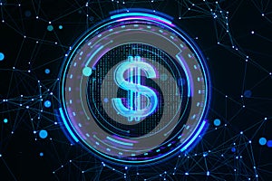 Creative round futuristic dollar sign on dark polygonal backdrop. Crypto, online banking, digital transformation and finance