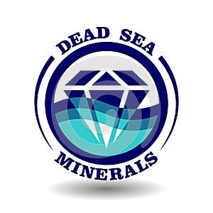 Creative round logo Dead Sea Minerals with crystal diamond cartoon icon ocean wave circle symbol, clear marine water mineral salt