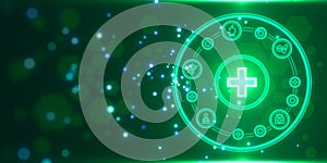 creative round medical interface with cross and other icons on green background. Healthcare and innovation concept.
