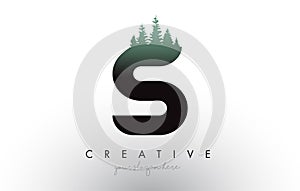 Creative S Letter Logo Idea With Pine Forest Trees. Letter S Design With Pine Tree on Top