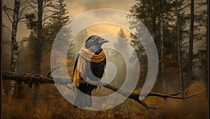 A raven sits on a branch wearing a yellow scarf, set against a misty autumn forest backdrop. The scene blends the dark elegance of photo