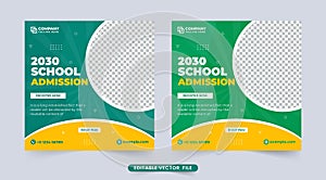Creative school admission social media post template with abstract shapes. Education and academic course promotion template vector
