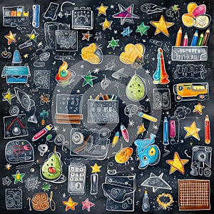 Creative school pattern on black background. Back to School doodle set. Various school stuff sketches, supplies for