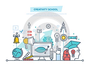 Creative school. Training, creativity distance learning, technology, knowledge, teaching, education.