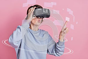 Creative science tech digital collage of young woman select high technology options using virtual vr box goggles