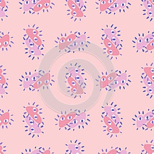 Creative seamless pattern with cintage cute heart character ornament. Pastel pink background. Love shapes