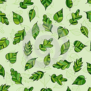 Creative Seamless Pattern of Fresh Leaves on Light Green