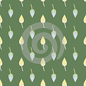 Creative seamless pattern with light orange and blue colored lotus bud shapes. Green background