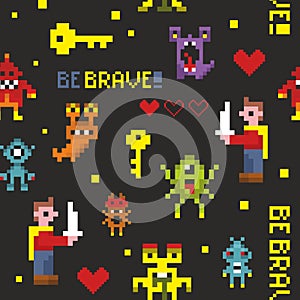 Creative seamless pattern with pixel monsters and brave knights.