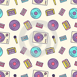 Creative seamless pattern with retro analog music player, cassette recorder, turntable, vinyl disc, microphone on light