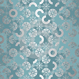 Creative seamless snowflake texture on blue background. Elegant geometric silver foil vector pattern.