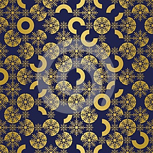 Creative seamless snowflake texture on dark blue. Elegant geometric gold foil vector pattern with scratches.