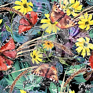 Creativo senza soluzione di continuità acquerello modello da impianti erbe aromatiche fiori papavero farfalla. paglia pianta, Selvaggio erbe aromatiche. astratto 