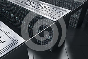 Creative server room interior wallpaper with racks. Cloud computing and telecommunication concept.