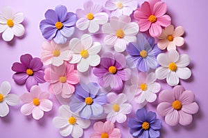 Creative set of bright summer flowers in a frame with copy space on purple background.