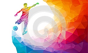 Creative silhouette of soccer player. Football player kicks the ball in trendy abstract colorful polygon rainbow back