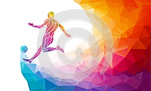 Creative silhouette of soccer player. Football player kicks the ball in trendy abstract colorful polygon style with