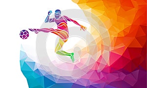 Creative silhouette of soccer player. Football player kicks the ball in trendy abstract colorful polygon style with rainbow back