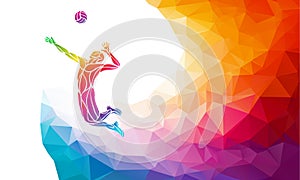 Creative silhouette of volleyball player. Team sport vector illustration or banner template in trendy abstract colorful