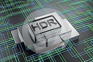 Creative silver HDR chip on tech background. Ultra resolution concept.