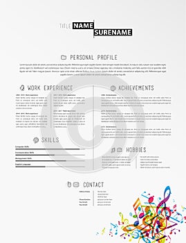 Creative simple cv template with colorful music tunes